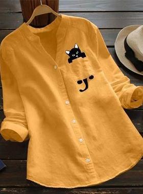 Women Shirt Cat Printed Pocket Cotton Linen Blouse V- Neck C