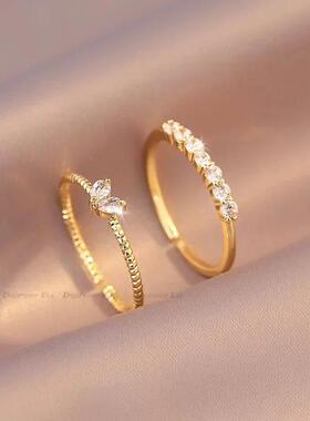 2pcs/set Gold Color Heart Zircon Rings Set for Women Girls A