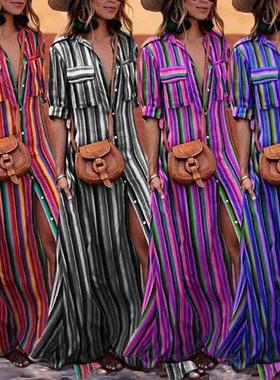 Color Red Stripe Dress Loose Casual Color Stripe Shirt Strap