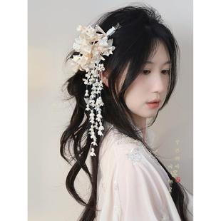 超仙紫色铃兰花朵流苏发夹女新中式古风发饰旗袍汉服和服头饰配饰