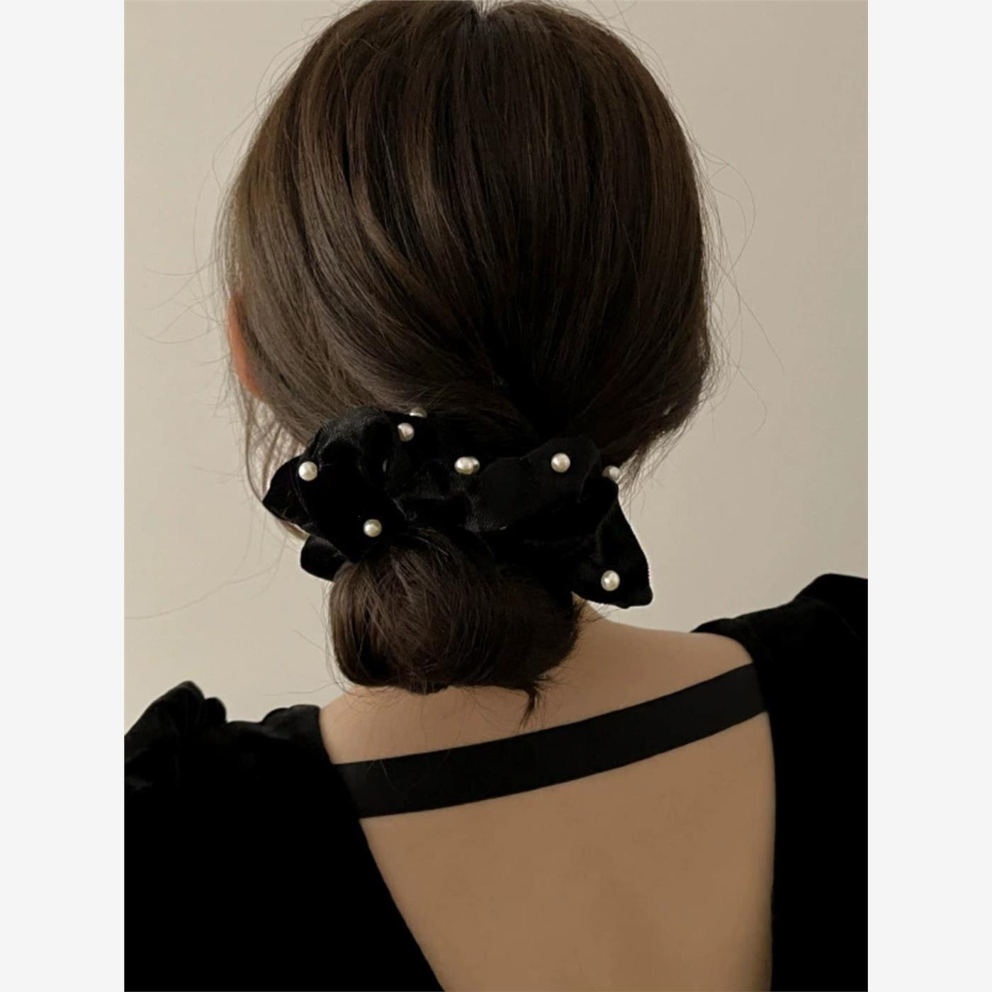 古典法式2025年秋冬黑色韩国丝绒珍珠高档百搭大肠圈发圈头饰发饰