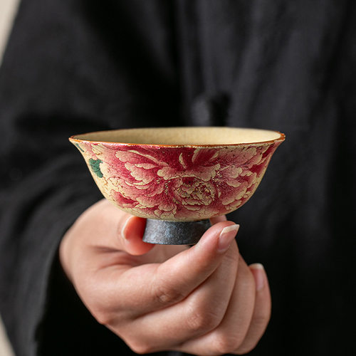 火石红陶瓷主人杯诧寂复古牡丹小号单人泡茶杯家用高档茶具品茗杯