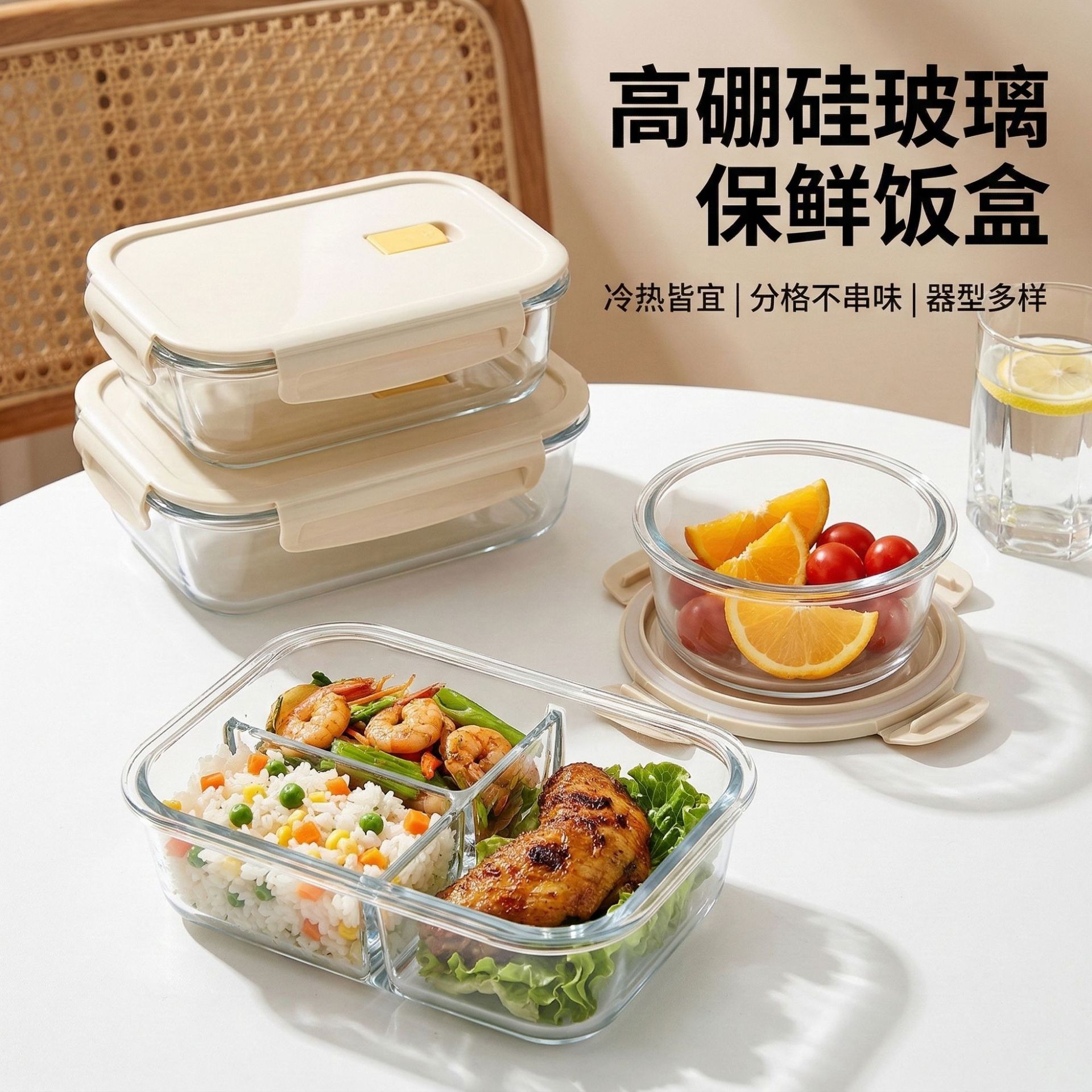 玻璃饭盒可进微波炉加热上班族带饭带盖便当碗分隔餐盒玻璃保鲜盒