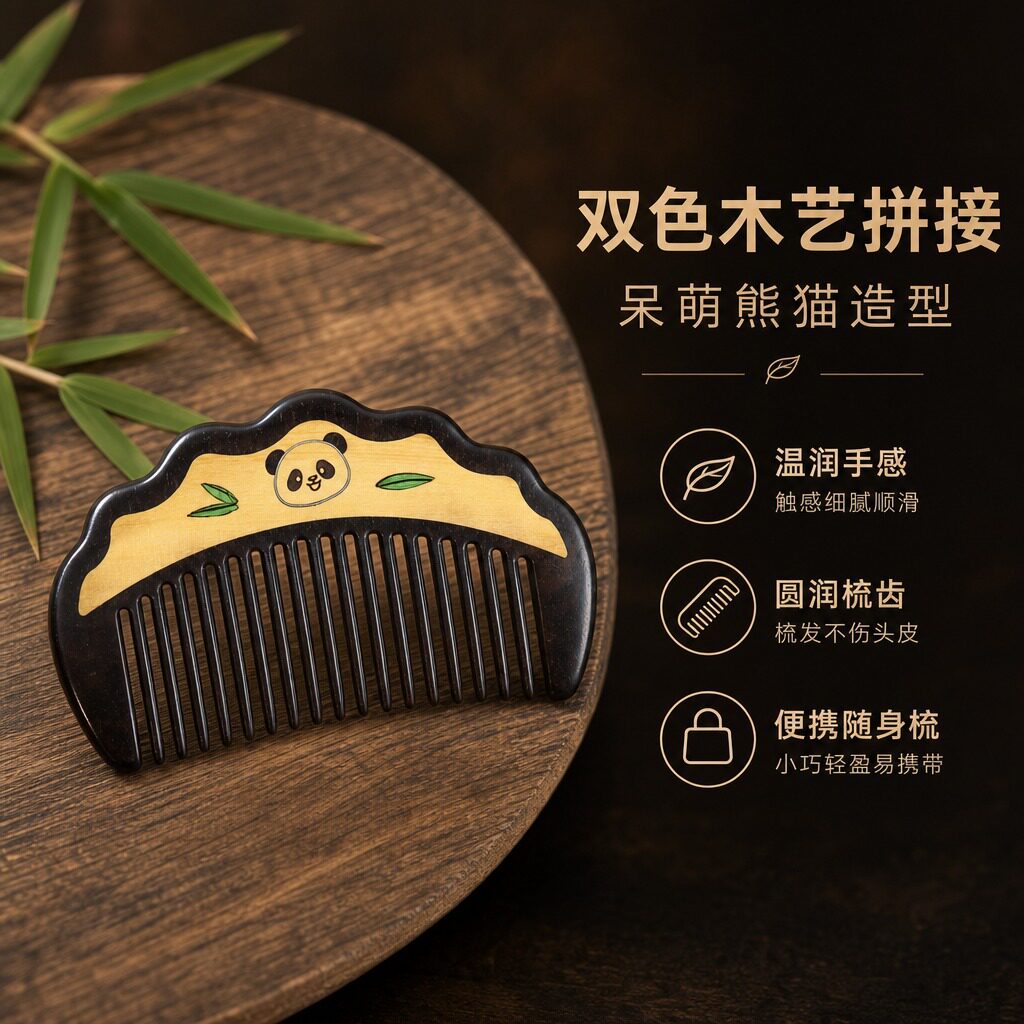 熊猫木梳子便携随身小梳子可爱国潮礼物紫光檀拼黄杨木圆润不伤发