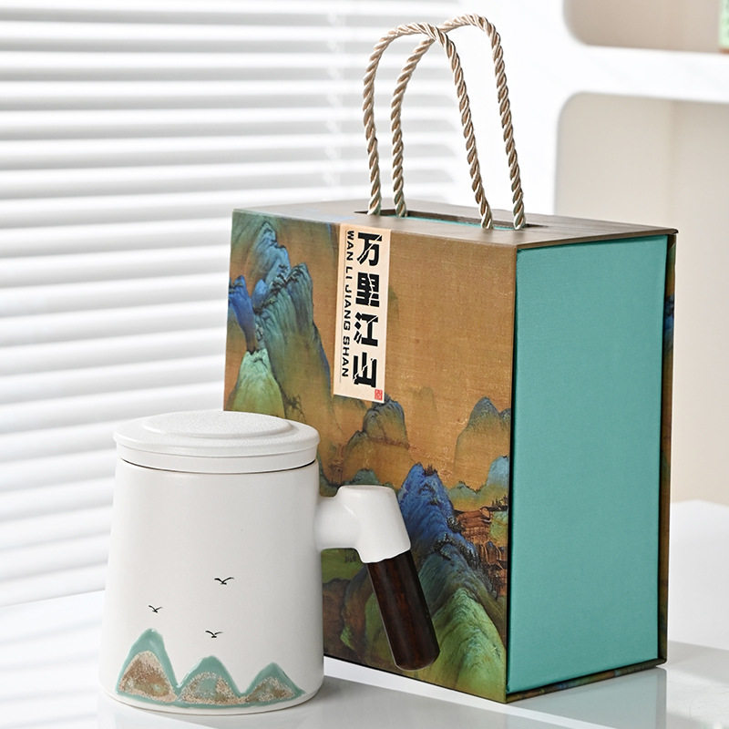 手绘千里江山水杯文创办公杯商务茶水分离茶杯礼品套装陶瓷伴手礼
