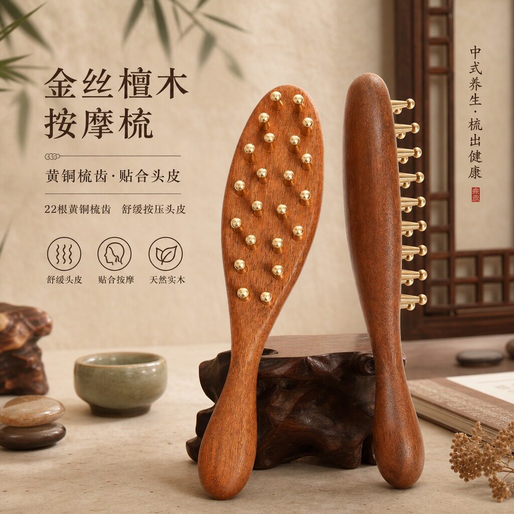 金丝檀木按摩梳22齿黄铜头部经络梳实木头皮护理梳身刮体痧经络刷