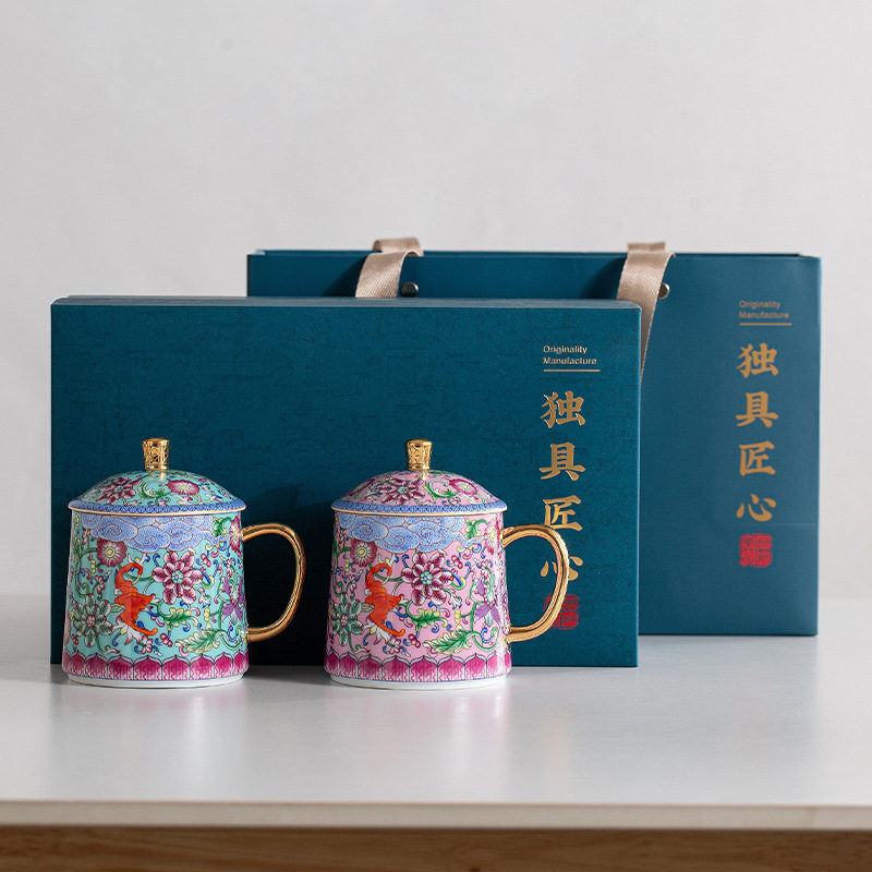 珐琅彩高档陶瓷泡茶杯单个人杯子轻奢家用带盖高档礼品送老师