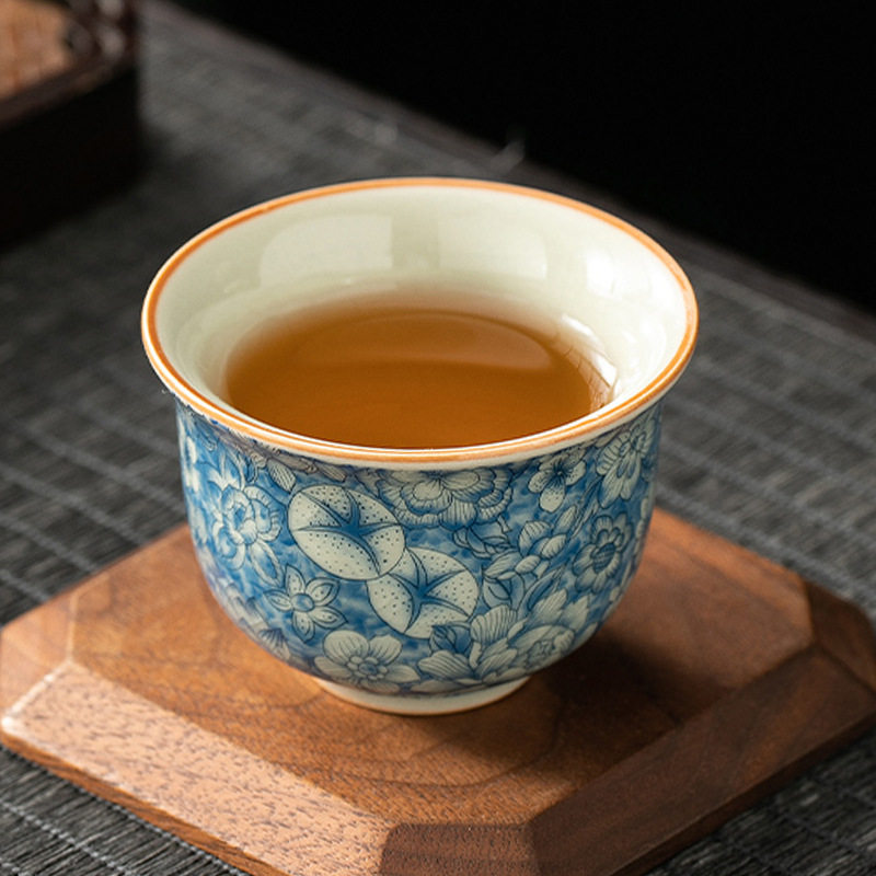 汝窑主人杯小号百花泡茶杯子青花陶瓷品茗杯个人家用单个茶碗