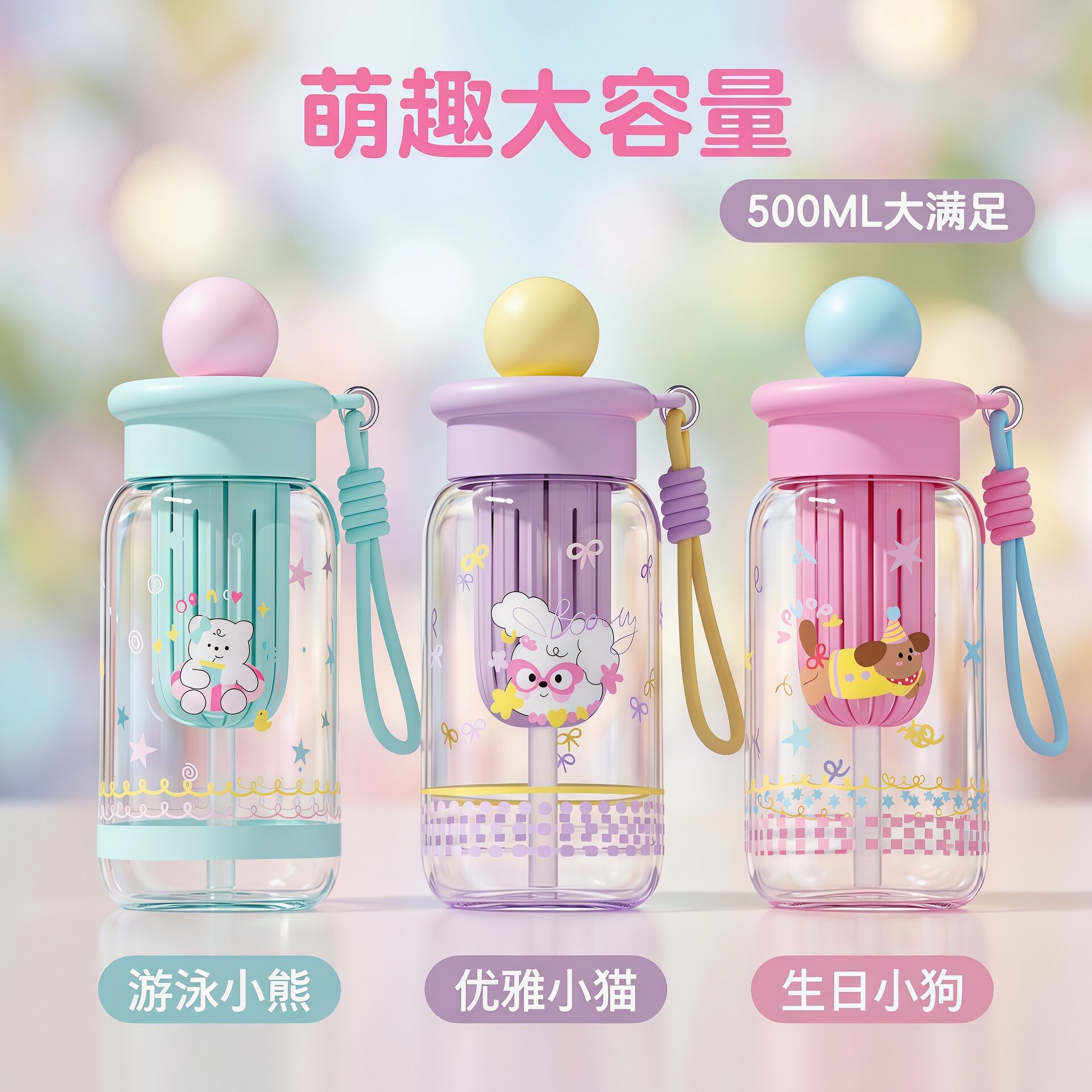 夏季高颜值便携吸管水杯女学生大号大容量卡通提绳儿童耐高温水壶