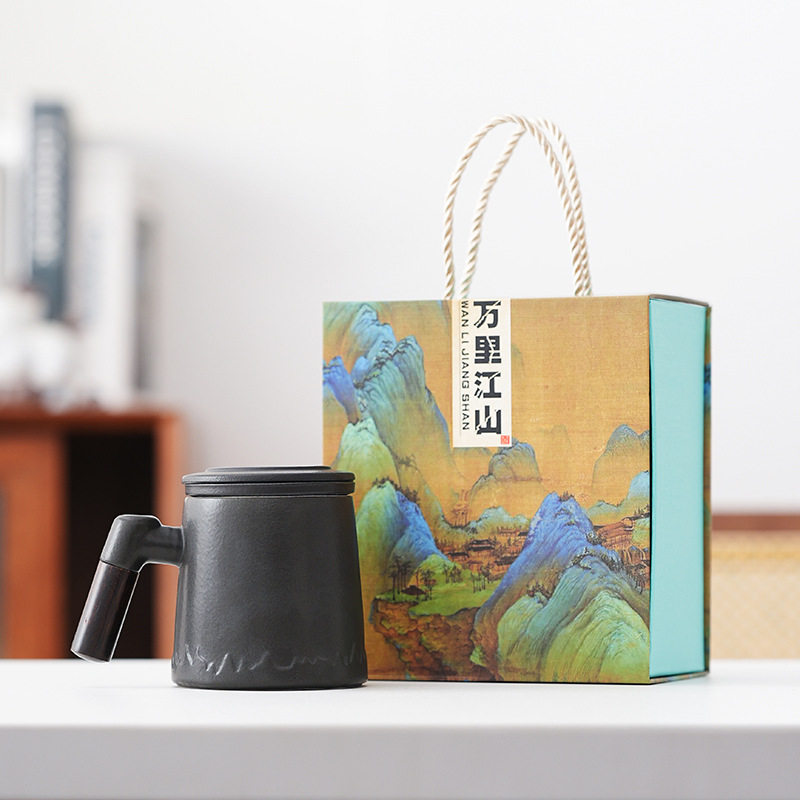 陶瓷马克杯茶水分离带盖办公杯过滤水杯国潮礼盒装商务伴手礼品