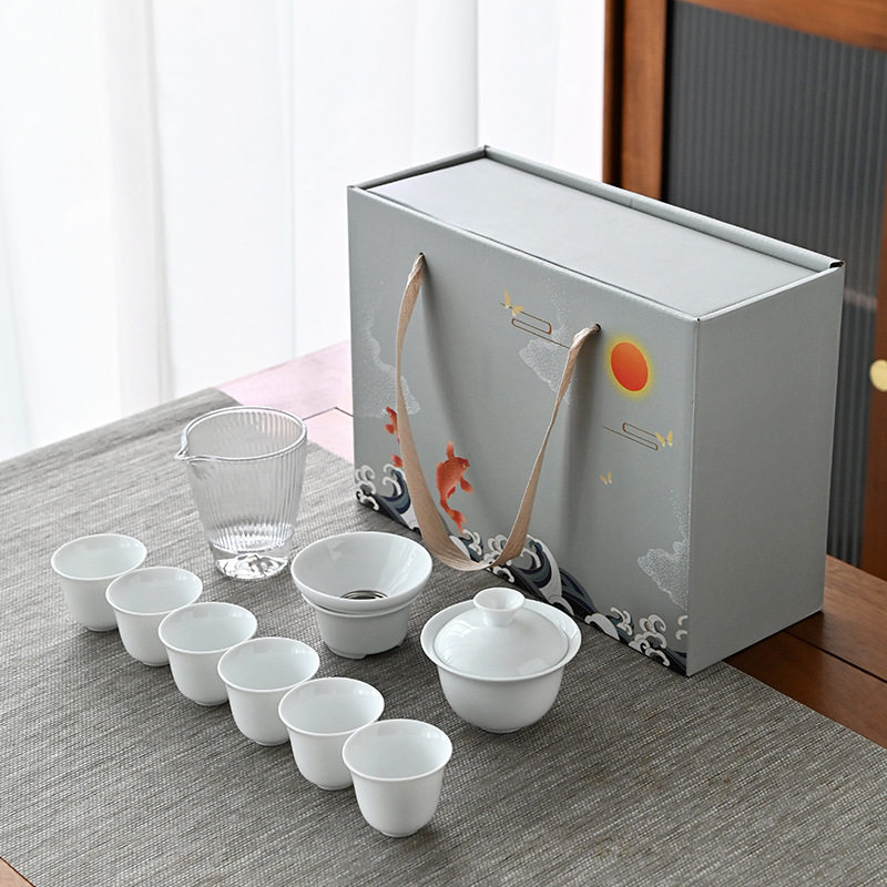 羊脂玉功夫茶具套装家用陶瓷盖碗茶杯整套白瓷礼盒装伴手礼一整套