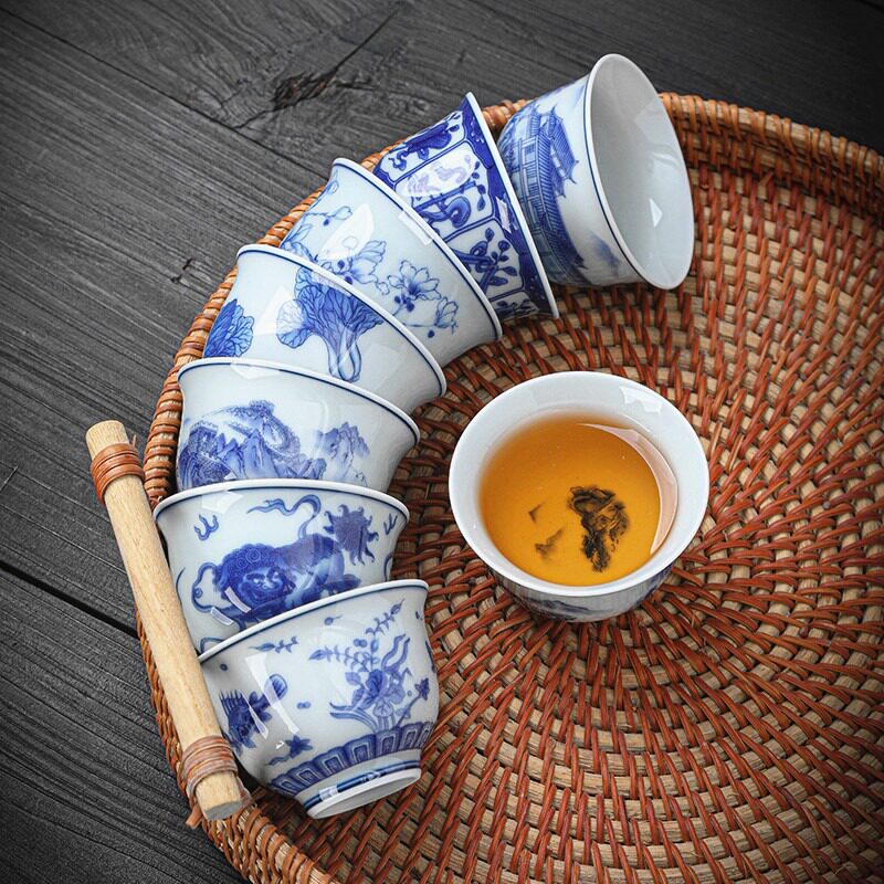 青花茶杯功夫茶小杯办公室茶具喝茶杯德化白瓷客厅家用品茗杯