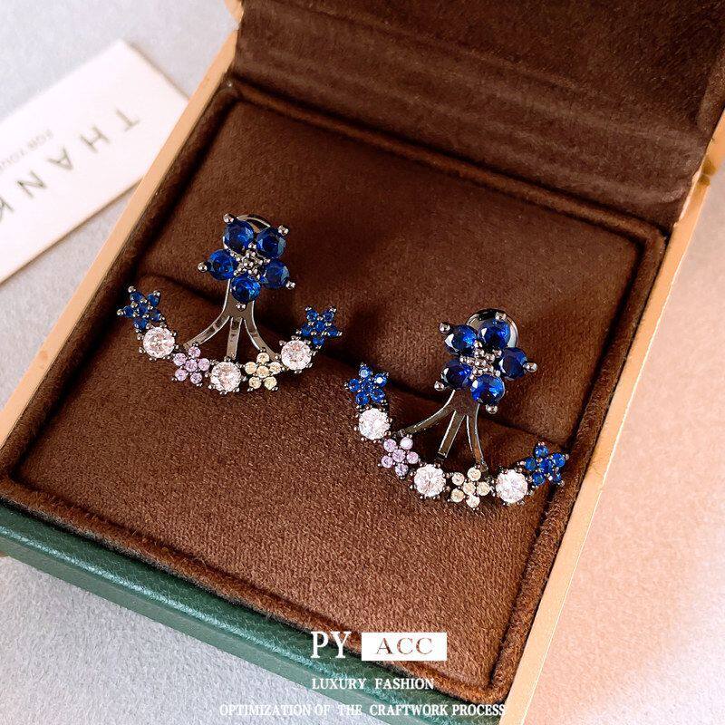 蓝花〖圆形耳环时尚轻奢星星耳饰暮耳钉中古筵锆石花朵精致〗复古