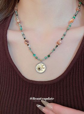 圆形设计感毛衣链串珠月亮锁骨