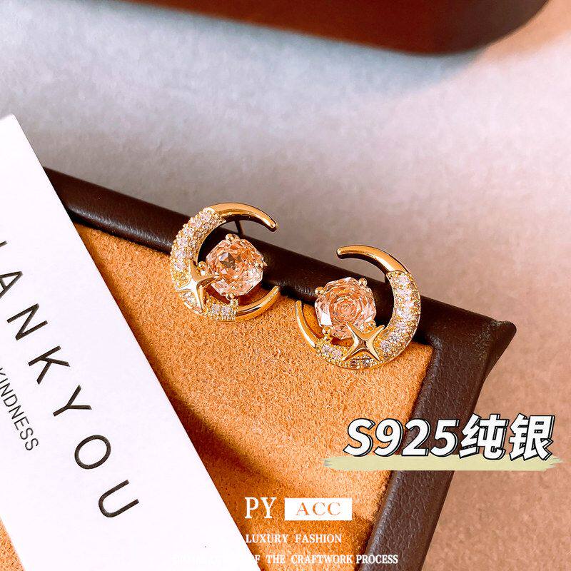 纯银针月亮百搭珰〖锆石S925耳环