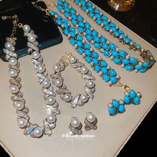 圆形小众高级感轻奢手链套装女中古耳环气质首饰镶钻饰品珍珠项链