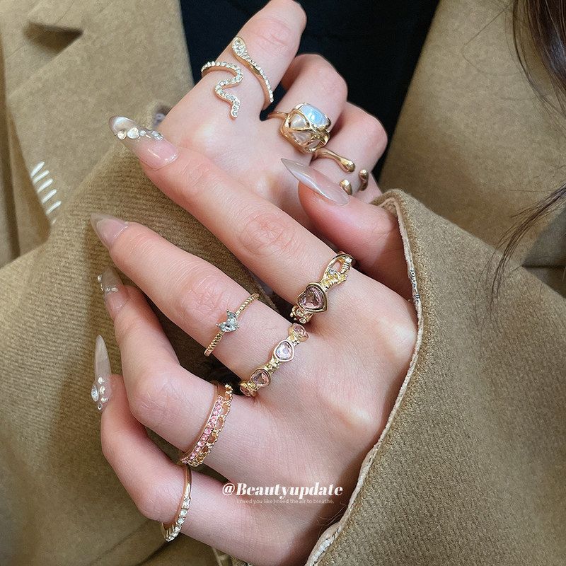 开口镶钻小众爱心几何手饰套装戒指戒轻奢女高级感设计感独特食指