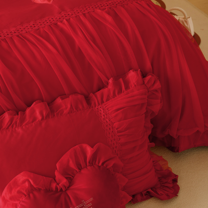 极速婚庆100Sk高支长绒棉四件套立体布贴绣蕾丝网纱花边全棉被套