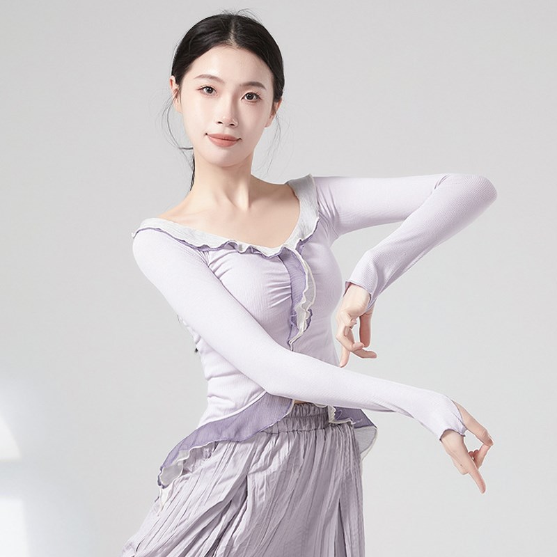 速发古典舞修身上衣长袖套指舞蹈服针织现代舞练功服女形体服2024