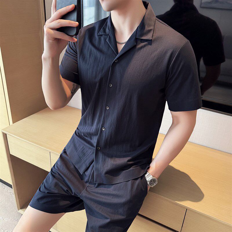 新品亚麻b面料休闲时尚短袖套装男夏季薄款透气西装领衬衣+短裤两