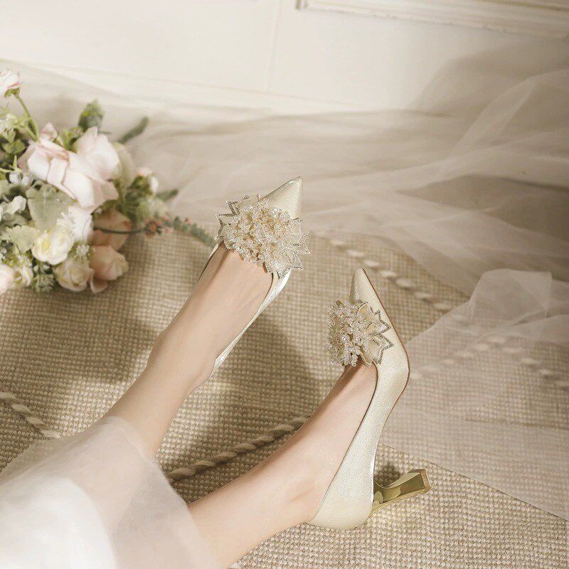 极速法式高跟鞋女粗跟不累v脚绝美婚鞋尖头浅口伴娘鞋单鞋宴会孕