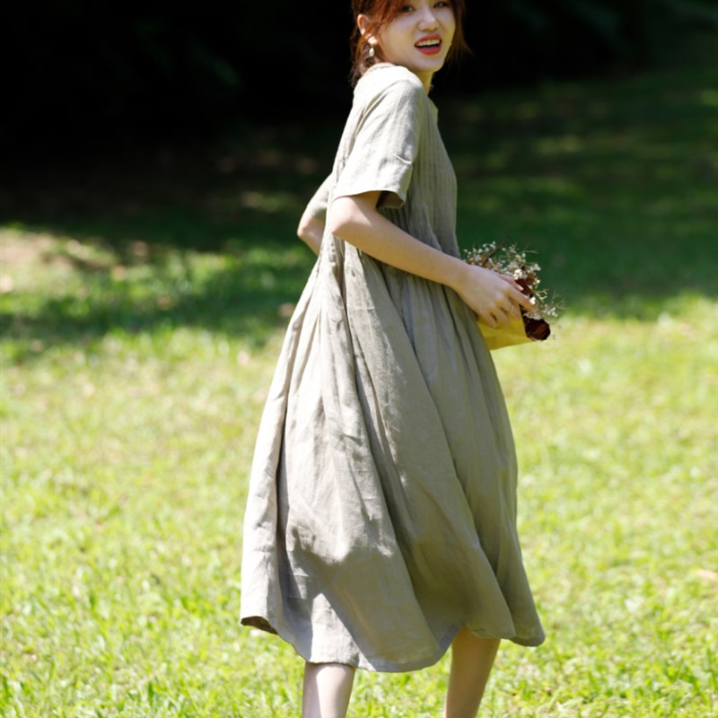 极速日单亚麻连衣裙女夏季韩版宽松遮肚子La字裙中长款洋气衬衫裙