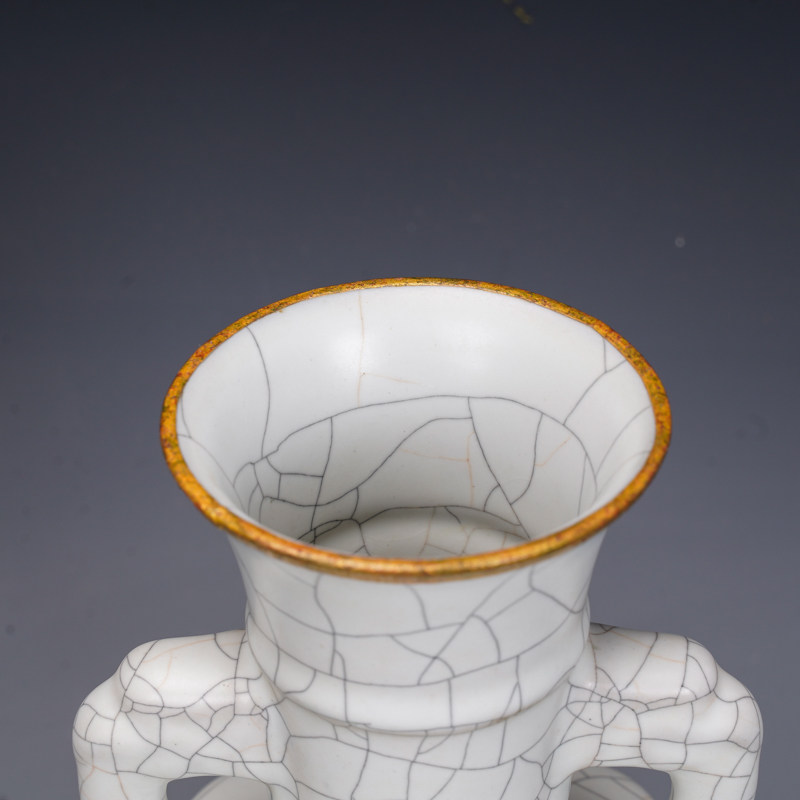 极速宋瓷收藏官窑刻字描金双耳瓶仿E古瓷器古董古玩旧货老货花瓶