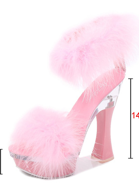 极速New 4 Color Feather Thick High HeeIls Platform Sandals W