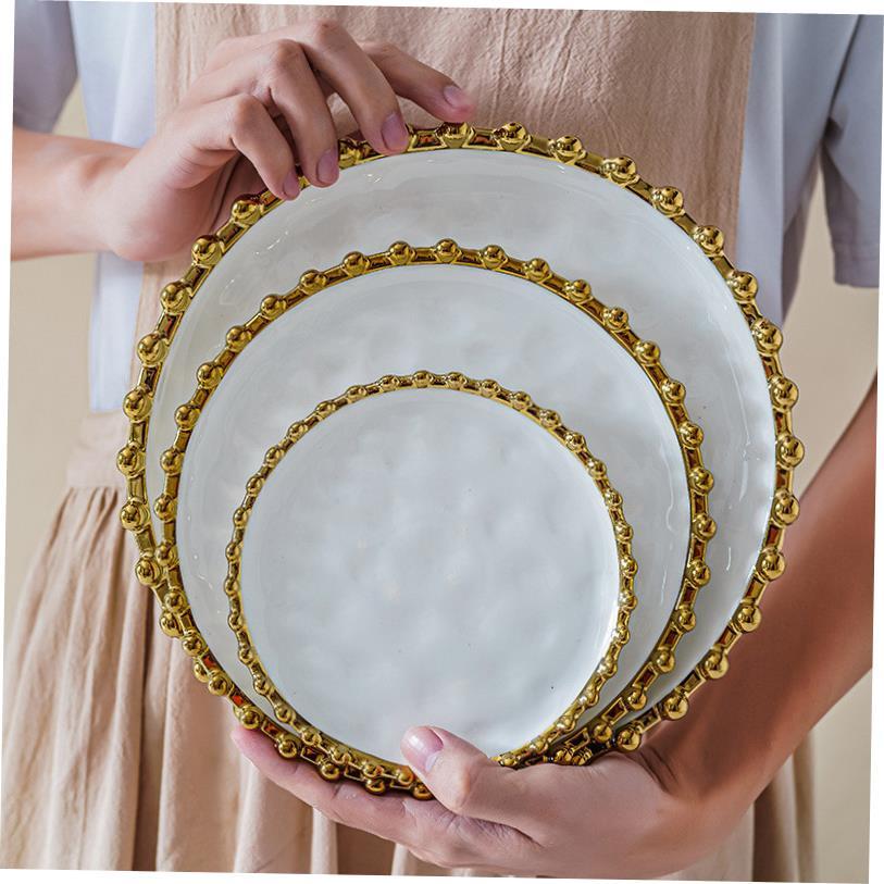 20CM Dark Green Gold Border Beaded Ceramic Dessert Plate