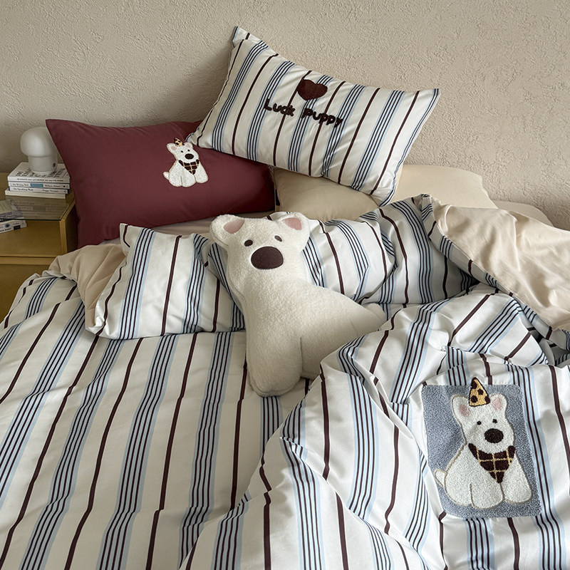 100S全棉磨毛四件套卡通条纹毛巾绣保暖加厚纯棉被套床单秋冬床品