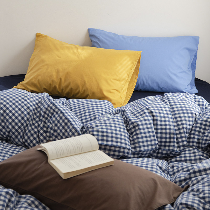 撞色混搭全棉色织水洗棉四件套格子条纹宿舍三件套纯棉床笠床品