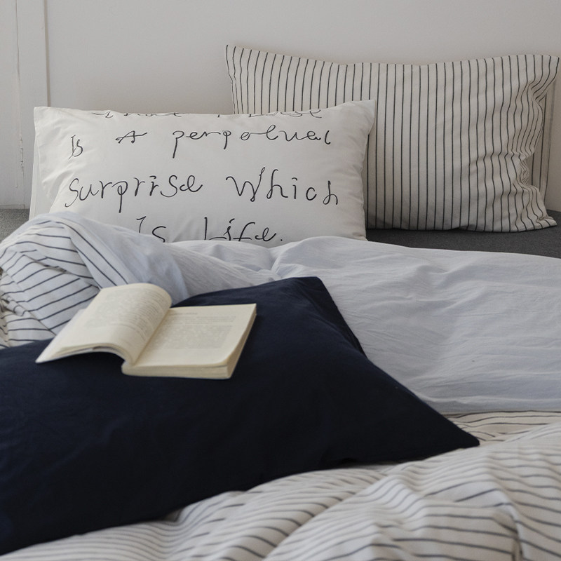 博主风全棉水洗棉四件套简约条纹混搭床单亲肤纯棉被套宿舍三件套