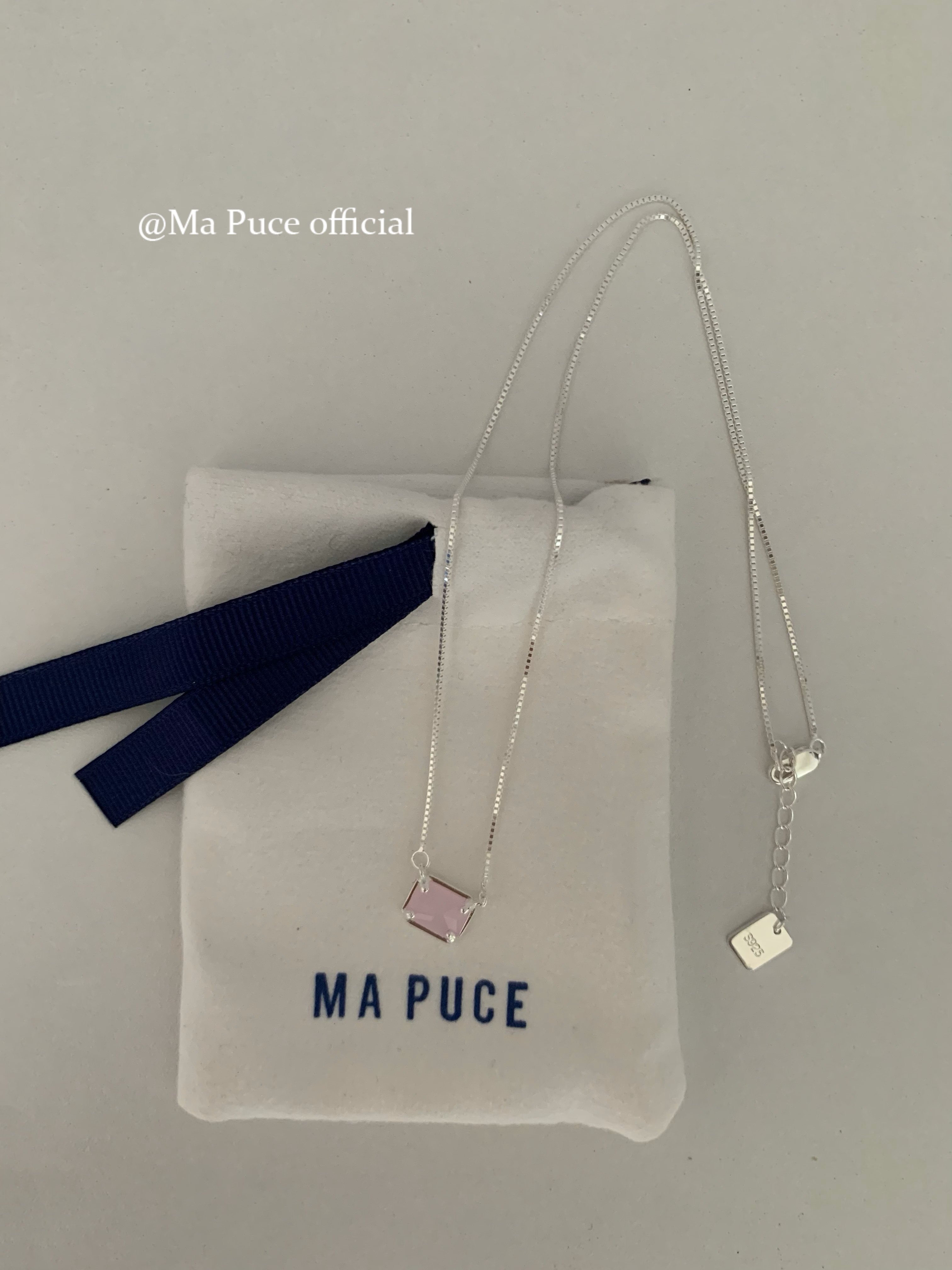 mapuce s925纯银粉色澳宝天然石水晶项链女小众高级锁骨链方形