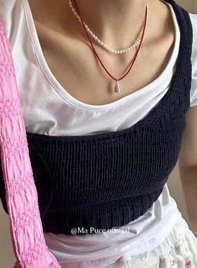 韩国s925银天然石红色玛瑙串珠爱心吊坠项链女轻奢小众毛衣锁骨链