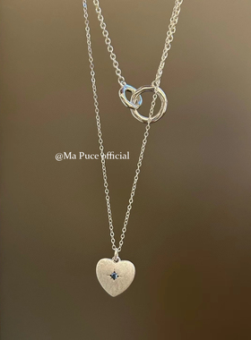 韩国S925纯银拉丝爱心六芒星项链桃心形镶钻项链高级轻奢毛衣链女