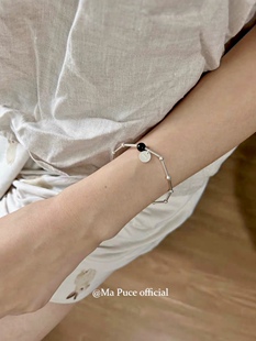 博主同款天然黑玛瑙管珠圆牌S925纯银手链女生手串轻奢小众手饰