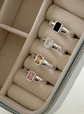 韩版小众ins风设计银饰 S925纯银爆闪方糖黑白粉黄锆石戒指高级感