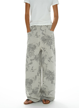 oinimi白描印花牛仔拖地裤白练灰中低腰显瘦阔腿休闲裤直筒裤女秋