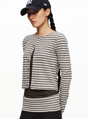 oinimi 浅杏灰条纹修身德绒开衫 温感贴肤长袖开襟上衣TEE