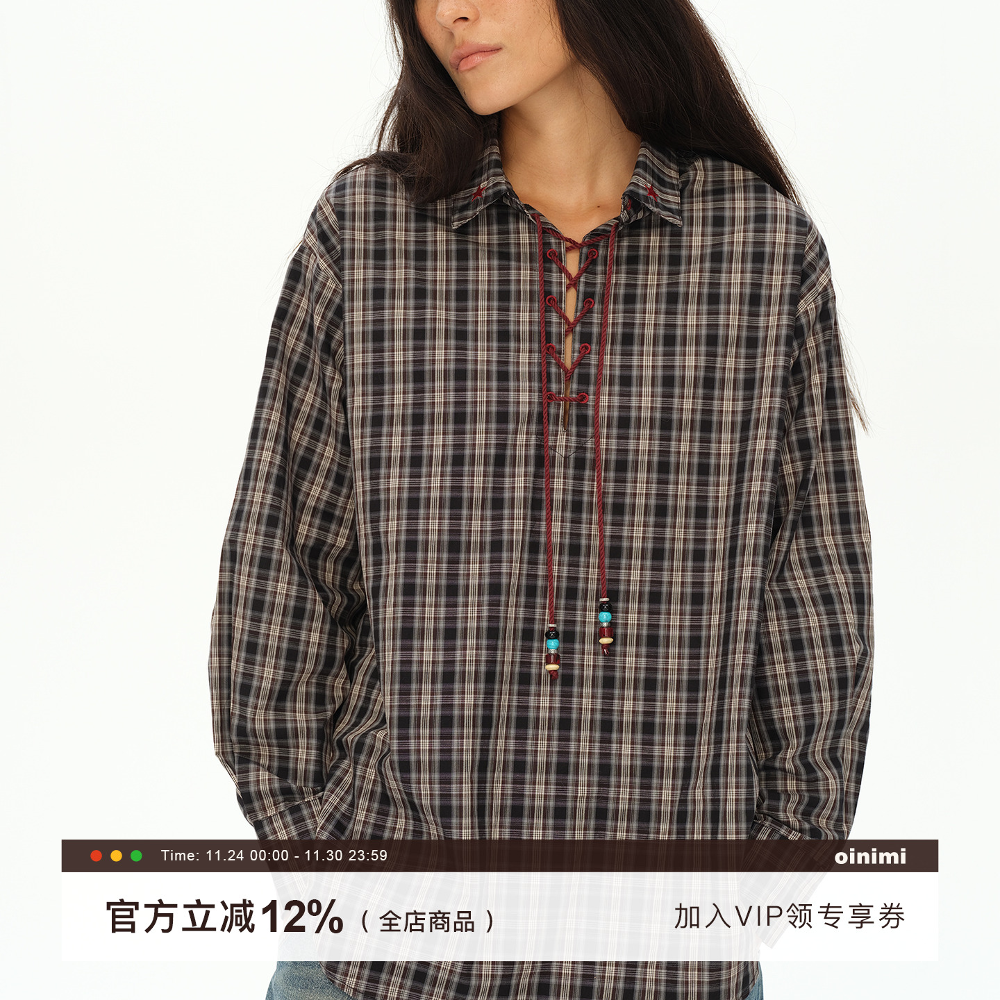 oinimi复古骑士格子系带衬衫