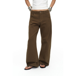 茶褐色纯棉牛仔长裤 oinimi 低腰直筒休闲工作裤