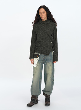 oinimi 麻黑色荡领连帽废土风卫衣 毛边下摆不对称立体剪裁