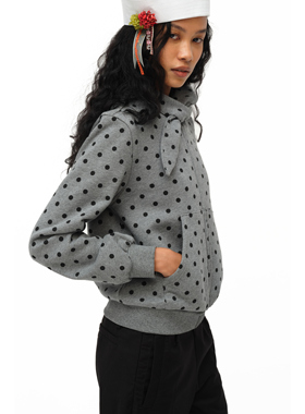 oinimi 蝴蝶结深花灰波点卫衣 百搭修身连帽拉链卫衣