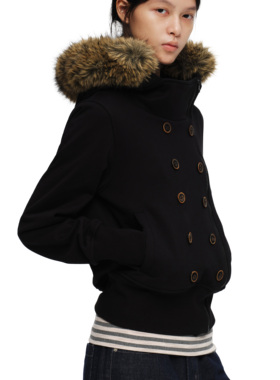 oinimi 黑色双排扣大毛领修身卫衣 可拆毛领 加绒保暖辣妹短外套