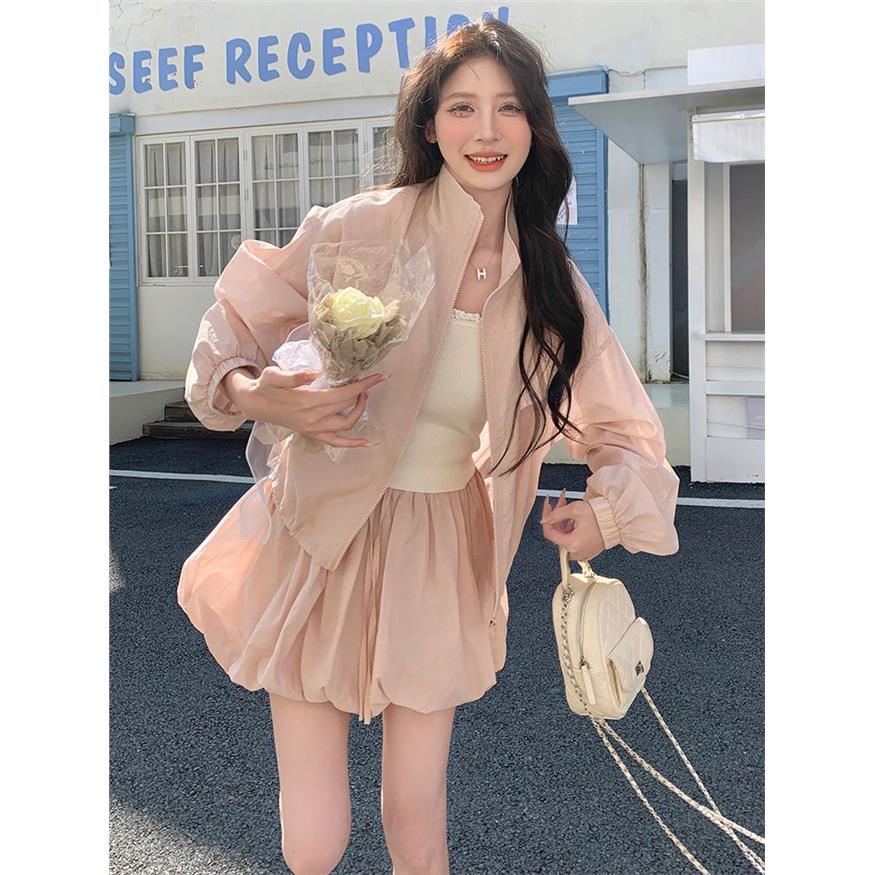 粉色短款上衣花苞裙套装女夏季甜美穿搭一整套防晒衣半身裙两件套