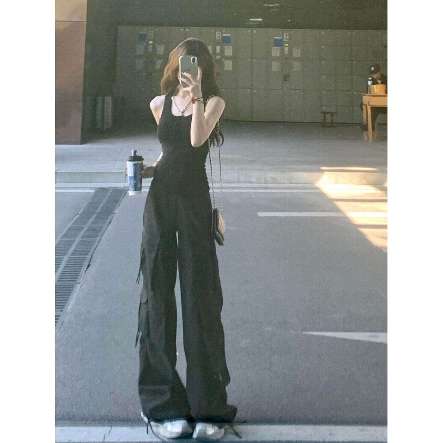 港风复古运动服套装女夏季显瘦时尚背心工装阔腿裤休闲两件套跑步