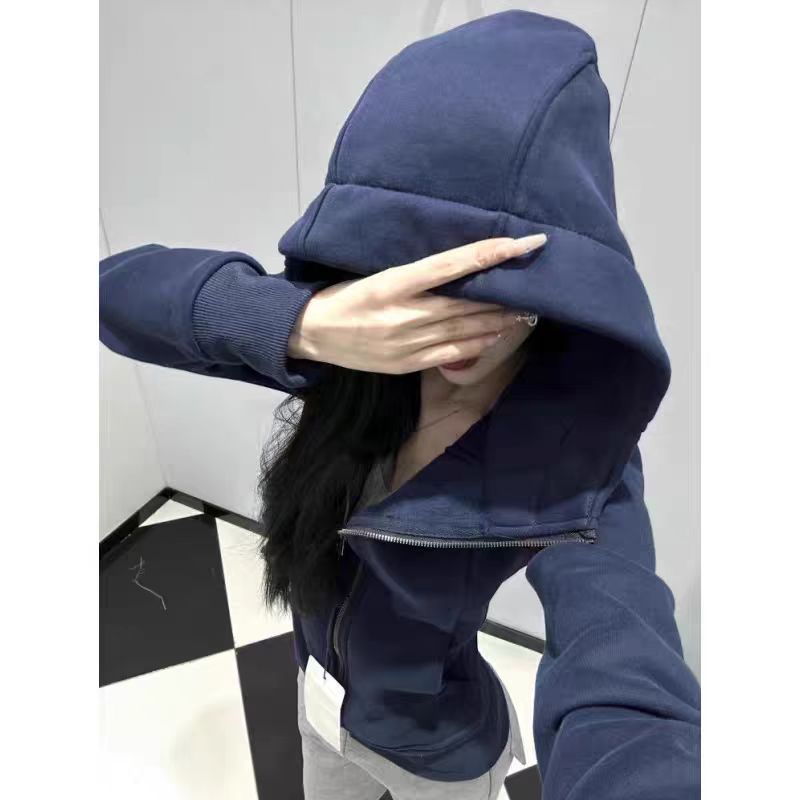 藏蓝色外套收腰拉链连帽春秋季卫衣新款修身短款开衫运动百搭上衣