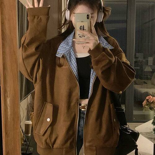 仿麂皮绒棒球服外套女春