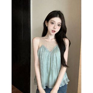 千金风高级感精致烫钻网纱拼接无袖雪纺衫女性感露肩宽松吊带上衣