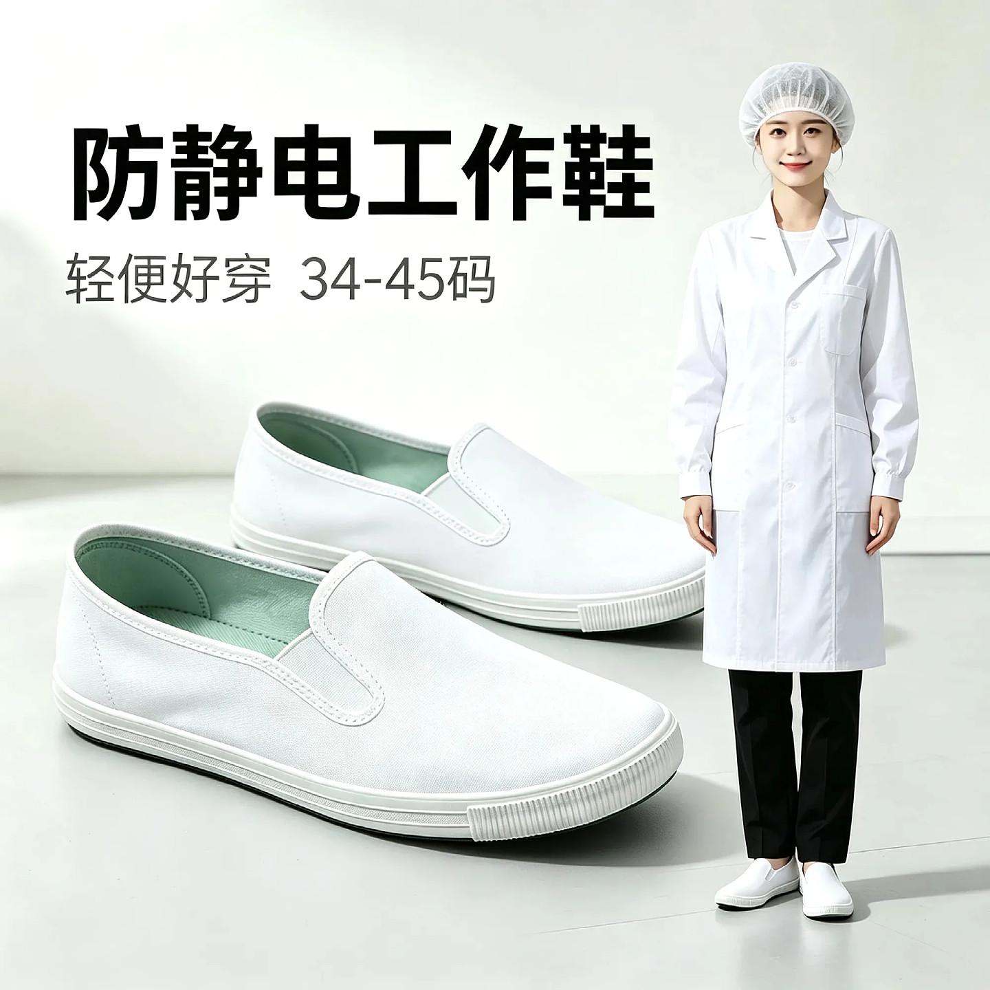 帆布鞋防静电工作鞋男女同款劳保鞋医护鞋休闲一脚蹬胶鞋白色纯棉